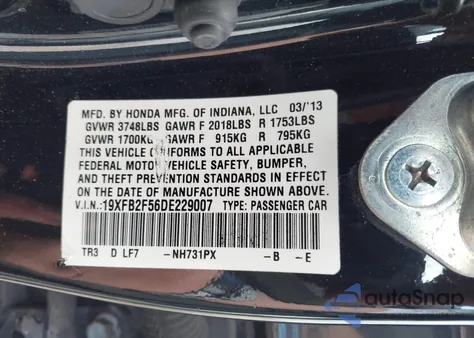 2013 Honda Civic Lx from USA, damaged, VIN 19XFB2F56DE229007